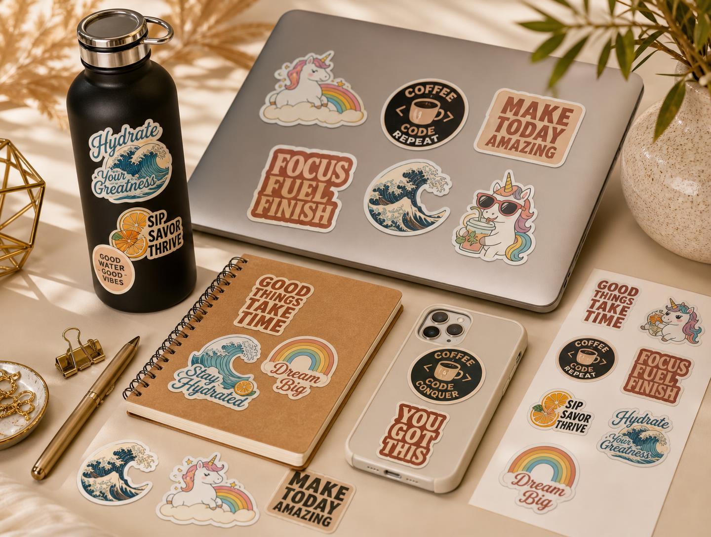 Premium digital stickers applied to a water bottle, laptop, notebook and phone with printed sticker sheets